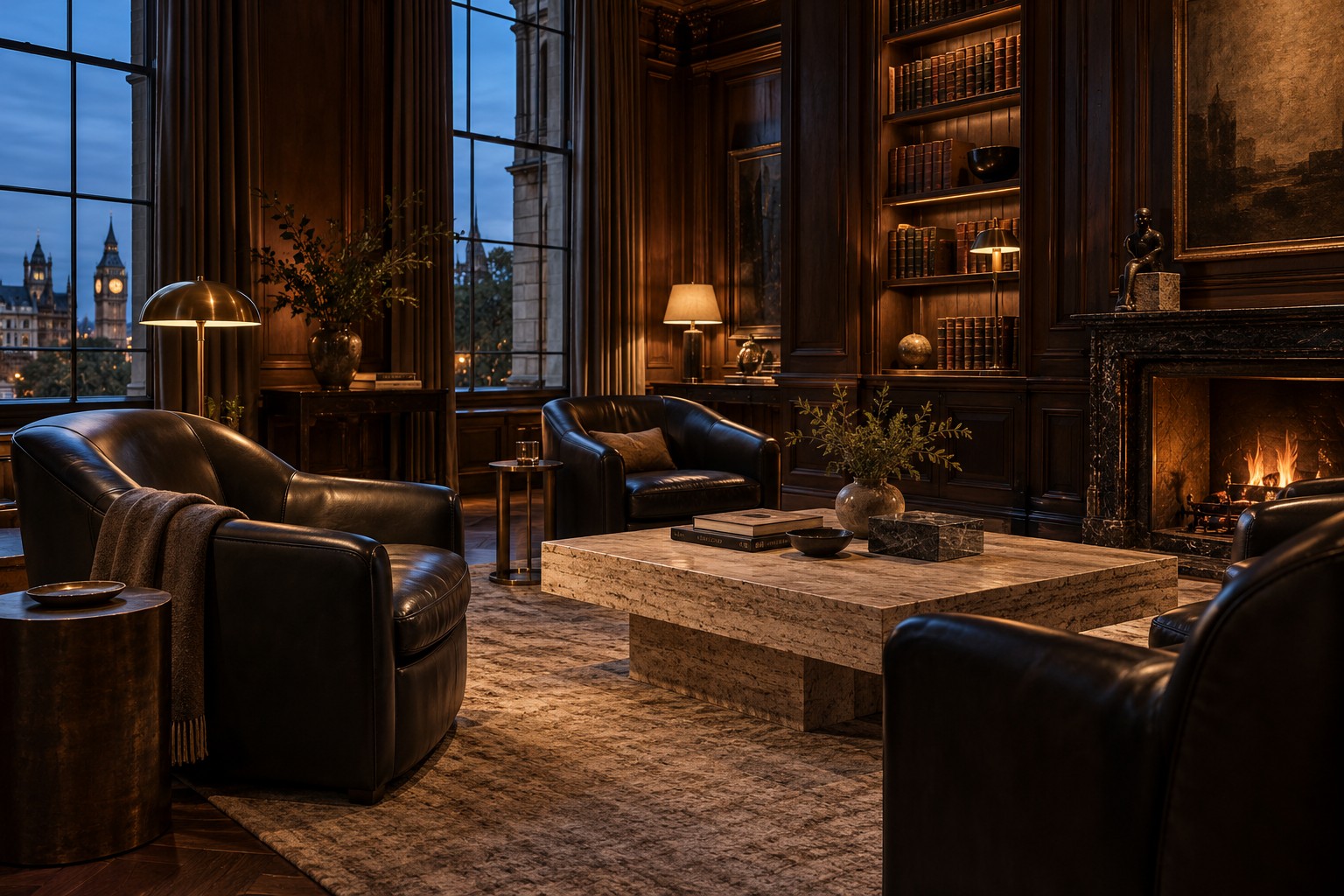 An intimate English private lounge with walnut panelling, leather chairs and brass lamps