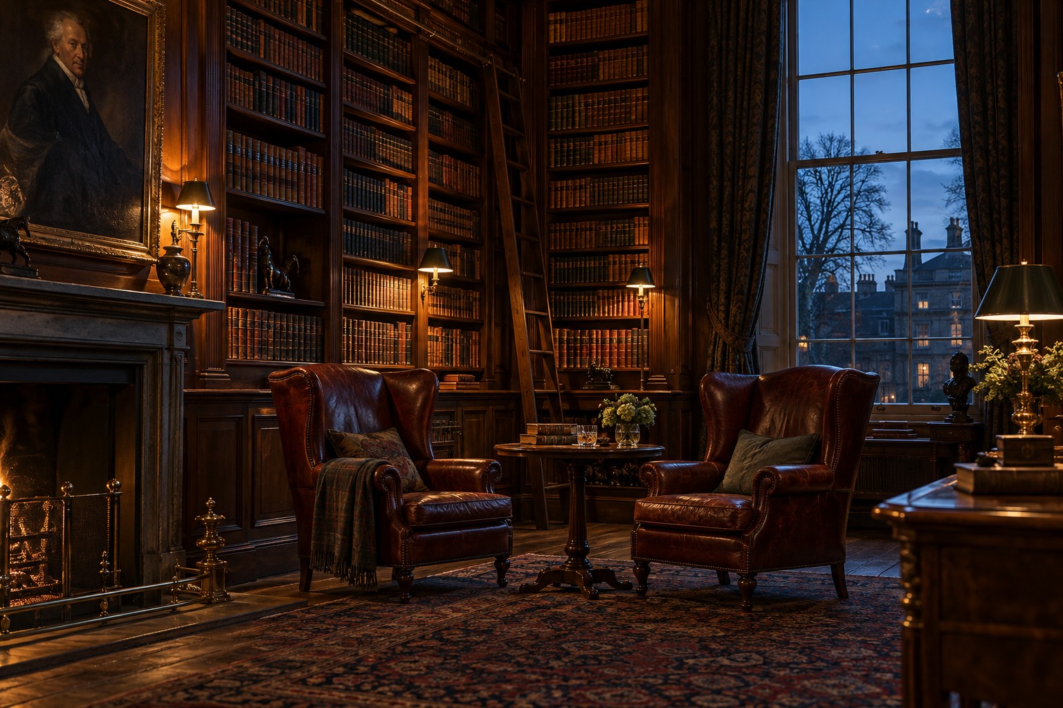 Leather wingback chairs in a quiet English reading room