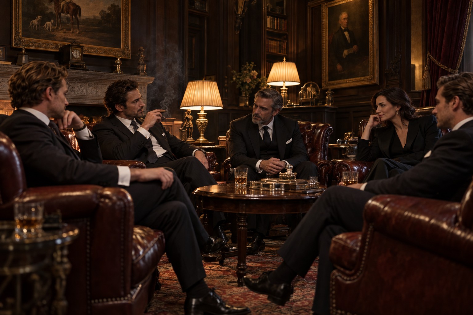 Members in tailored suits sharing a quiet conversation in a private lounge