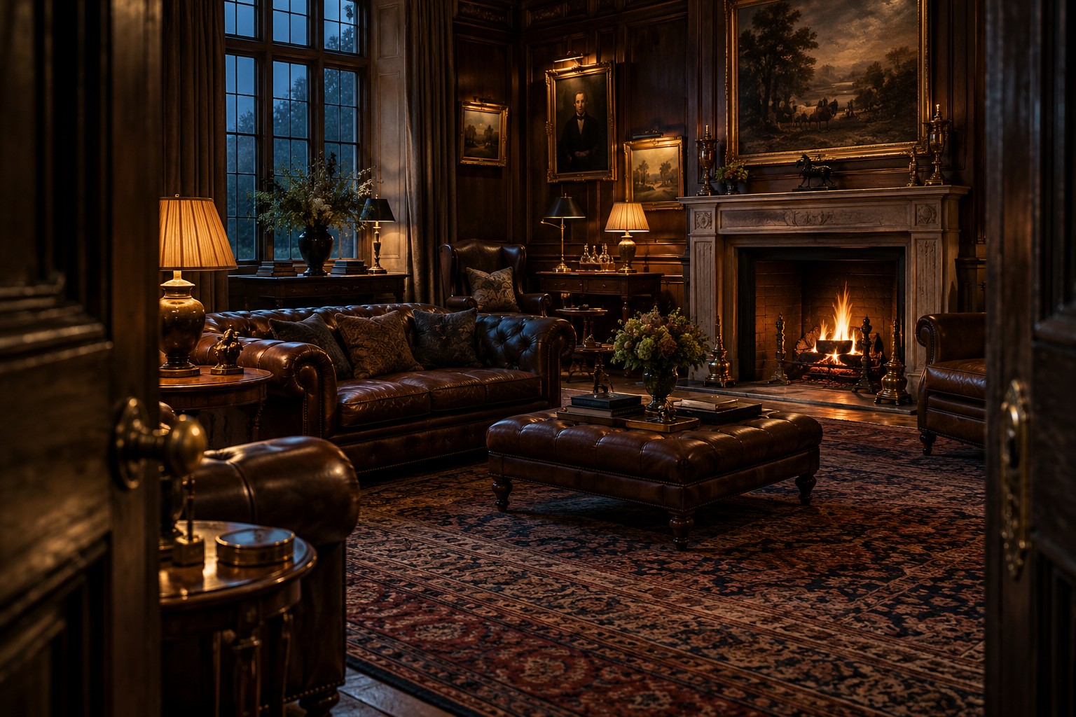 An open oak doorway leading into a warmly lit private lounge
